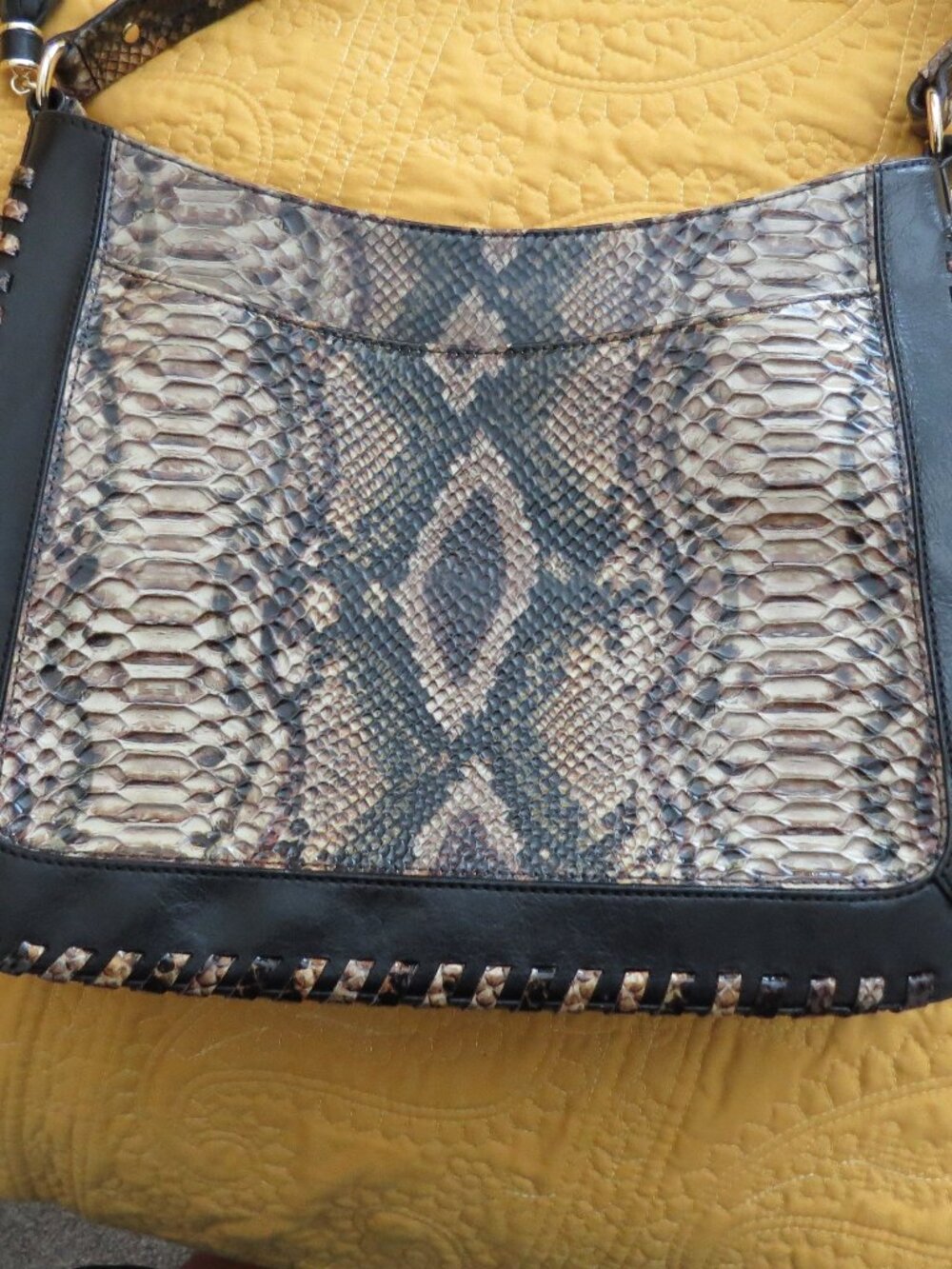 Brahmin Python Embossed Leather Shoulder Bag Gray Black Studded Tassel Hobo - Picture 4 of 6